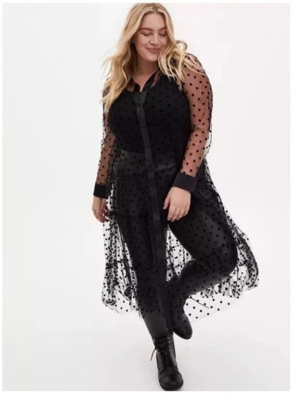 Torrid Sheer Black Polka Dot Button-Down Duster